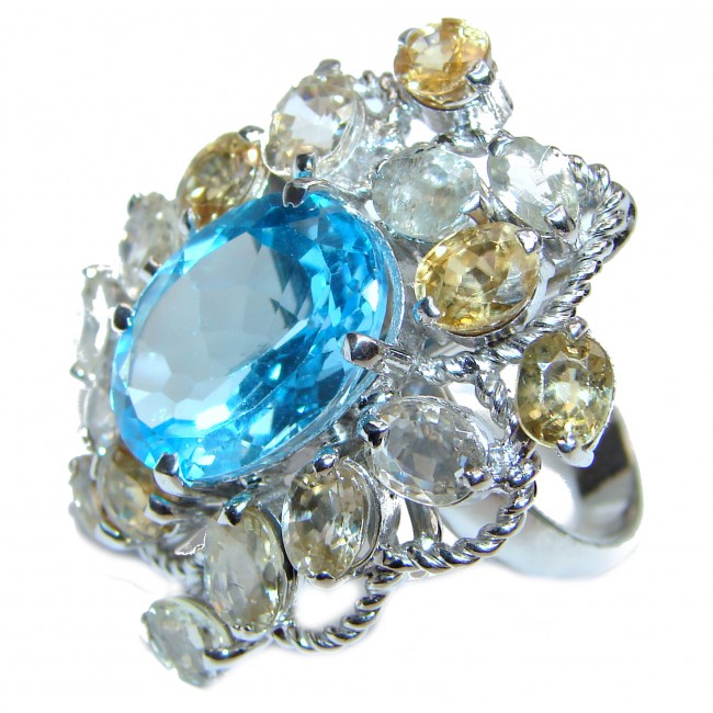 Huge Authentic Swiss Blue Topaz Citrine .925 Sterling Silver handmade Statement Ring size 8
