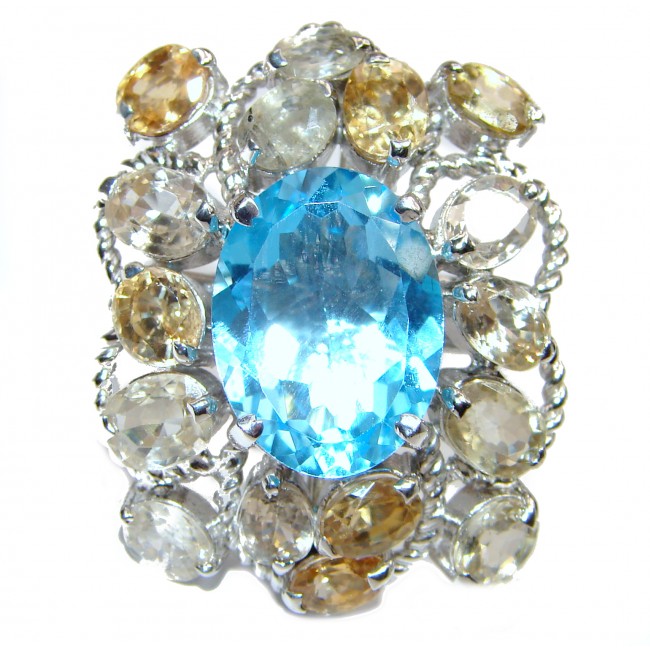 Huge Authentic Swiss Blue Topaz Citrine .925 Sterling Silver handmade Statement Ring size 8