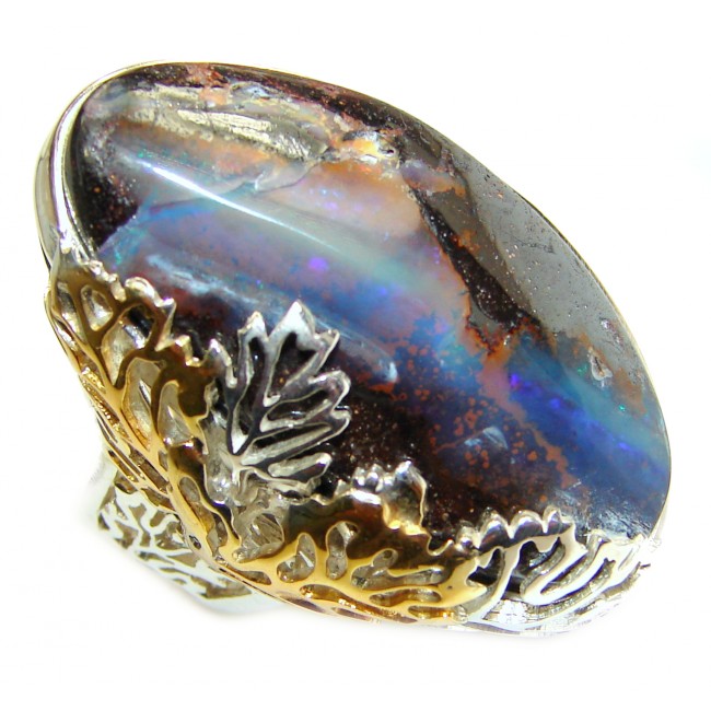 HUGE Australian Boulder Opal 18K Gold over .925 Sterling Silver handcrafted ring size 7 adjustable
