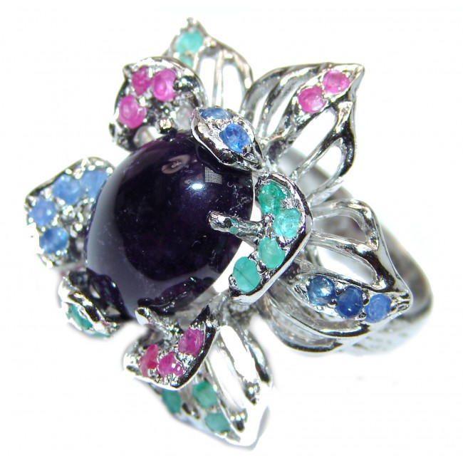 Large Genuine Amethyst Ruby Emerald .925 Sterling Silver handcrafted Statement Ring size 8 1/4