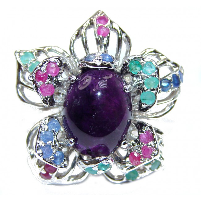 Large Genuine Amethyst Ruby Emerald .925 Sterling Silver handcrafted Statement Ring size 8 1/4