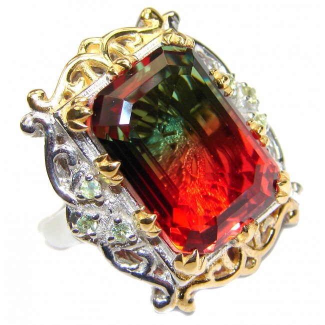 HUGE Emerald cut Watermelon Tourmaline color Topaz 18 K Gold over .925 Sterling Silver handcrafted Ring s. 7
