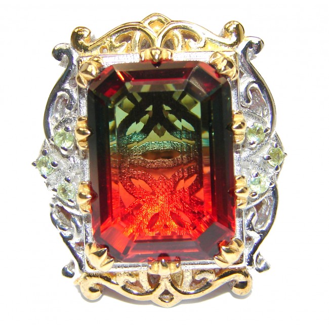 HUGE Emerald cut Watermelon Tourmaline color Topaz 18 K Gold over .925 Sterling Silver handcrafted Ring s. 7