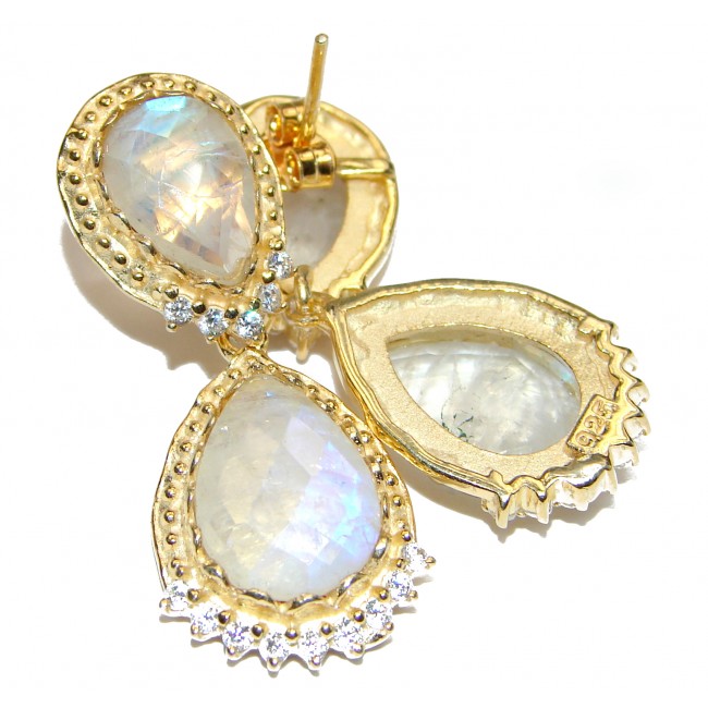 Genuine AAAA quality Rainbow Moonstone 18K Gold over .925 Sterling Silver handcrafted stud Earrings