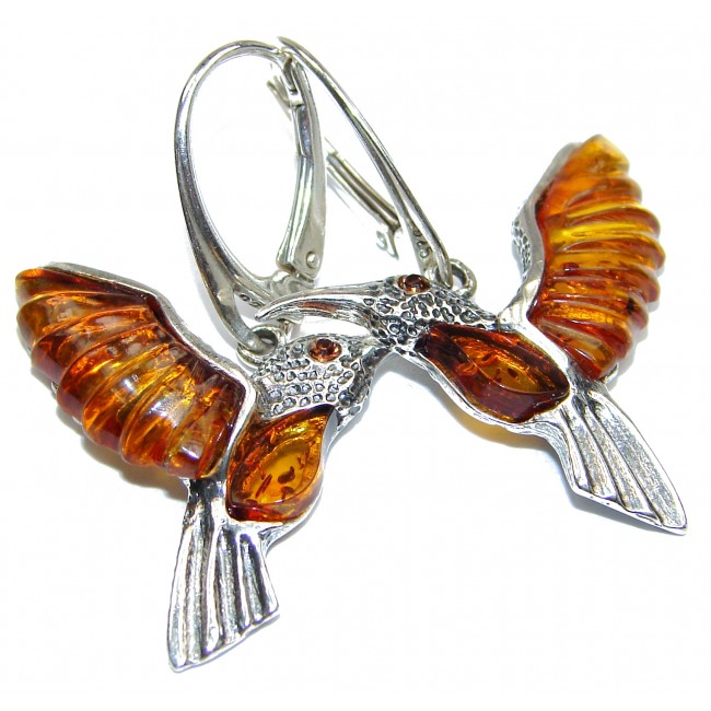 Hummingbird Genuine CARVED Baltic Amber .925 Sterling Silver handcrafted Earrings