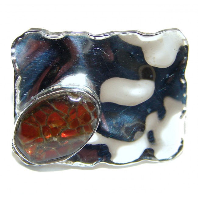 Pure Energy Fire Genuine Canadian Ammolite .925 Sterling Silver handmade ring size 7 1/4