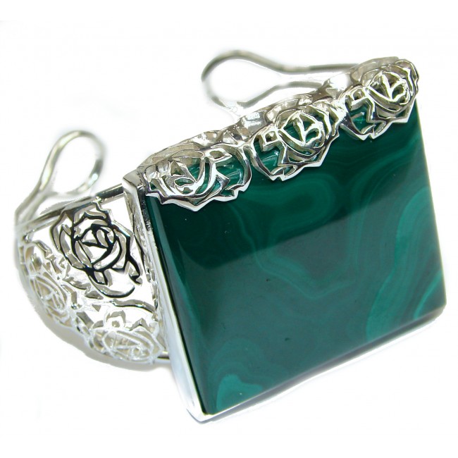 Floral Design Natural Malachite Oxidized .925 Sterling Silver handcrafted Bracelet / Cuff