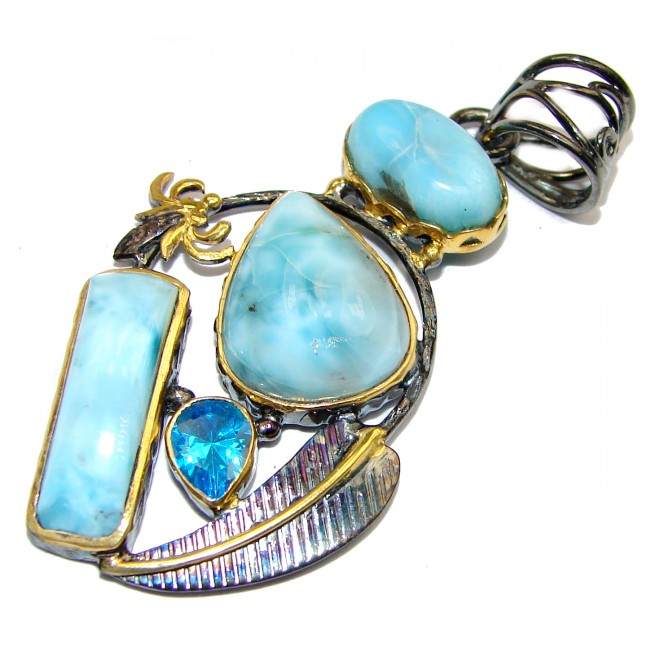 Vintage Style Authentic Caribbean Larimar 18K Gold over .925 Sterling Silver handmade pendant