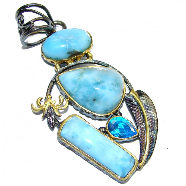 Vintage Style Authentic Caribbean Larimar 18K Gold over .925 Sterling Silver handmade pendant
