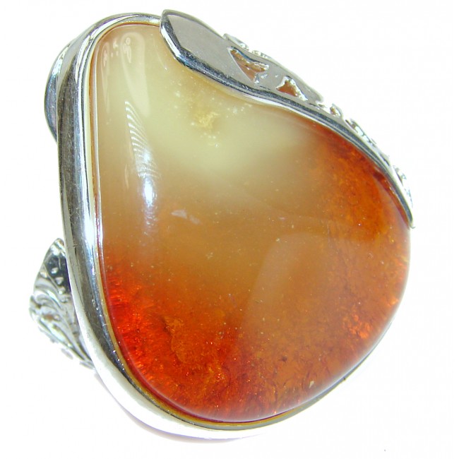 Beautiful Huge Authentic Baltic Amber .925 Sterling Silver handcrafted ring; s 8 adjustable