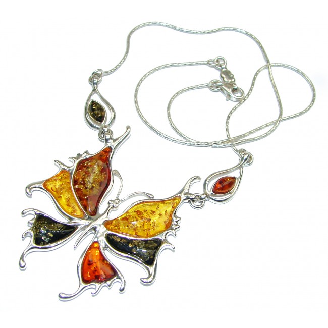 Colorful Butterfly Natural Beauty Cognac Polish Amber .925 Sterling Silver handmade necklace