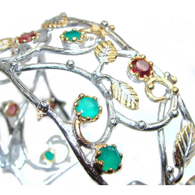 Flower Design Emerald Ruby 18K Gold over .925 Sterling Silver handcrafted Statement Bracelet / Cuff