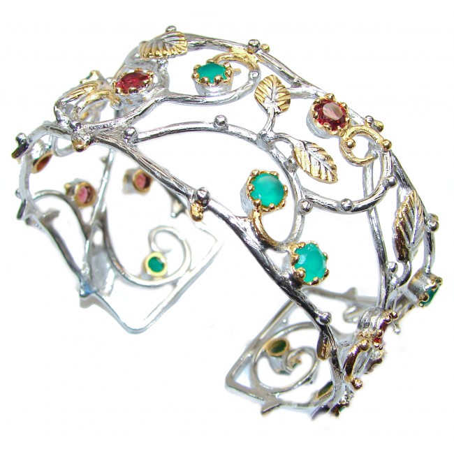 Flower Design Emerald Ruby 18K Gold over .925 Sterling Silver handcrafted Statement Bracelet / Cuff