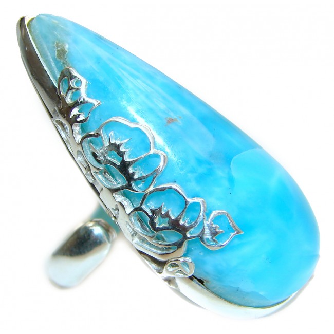Large Simple Beautiful design Natural Larimar .925 Sterling Silver handcrafted Ring s. 8 adjustable