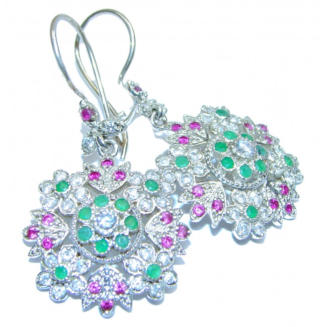 Victorian Style Emerald Ruby White Topaz .925 Sterling Silver earrings