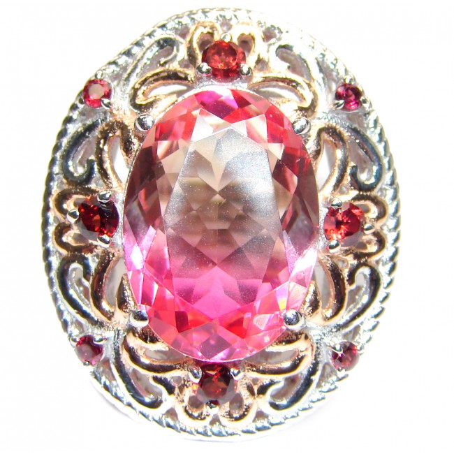 Huge Top Quality Volcanic Pink Tourmaline 18 K Gold over .925 Sterling Silver handcrafted Ring s. 7 3/4