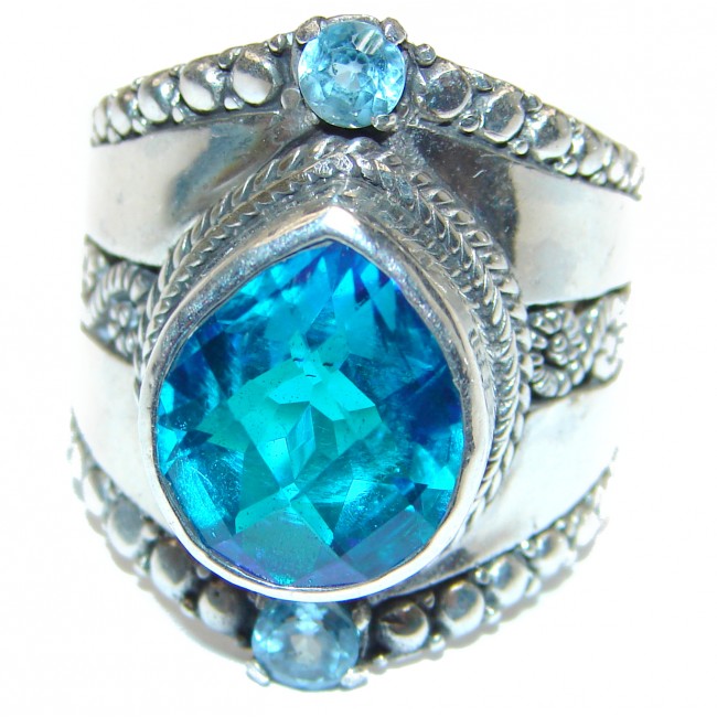 Bali Design Blue Aquamarine Topaz .925 Sterling Silver handmade ring s. 10
