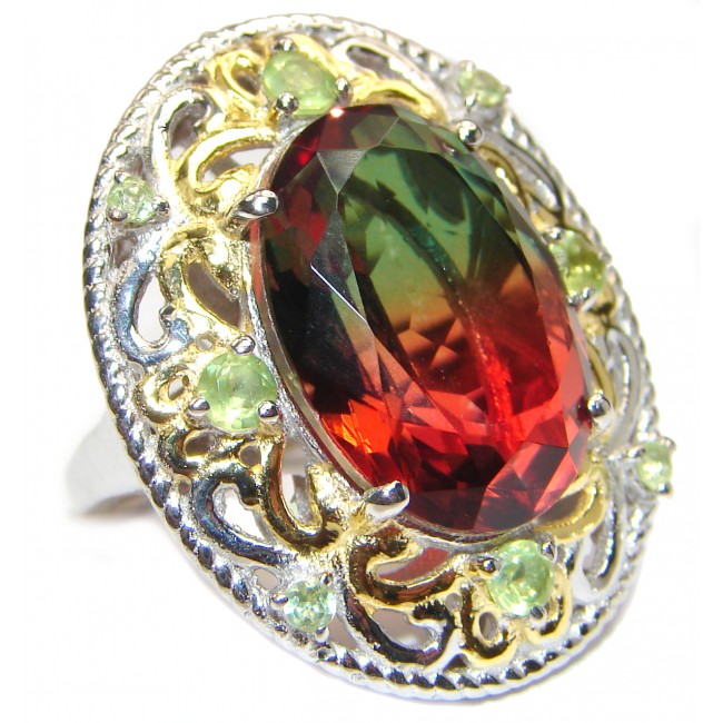 HUGE Watermelon Tourmaline 18K Gold over .925 Sterling Silver handcrafted Ring s. 6