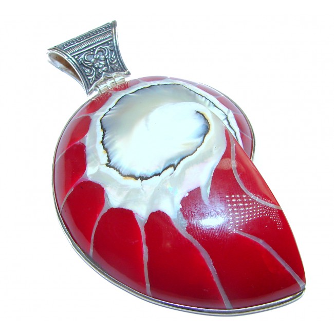 Huge 4 inch long Red Ocean Shell .925 Sterling Silver handmade Pendant
