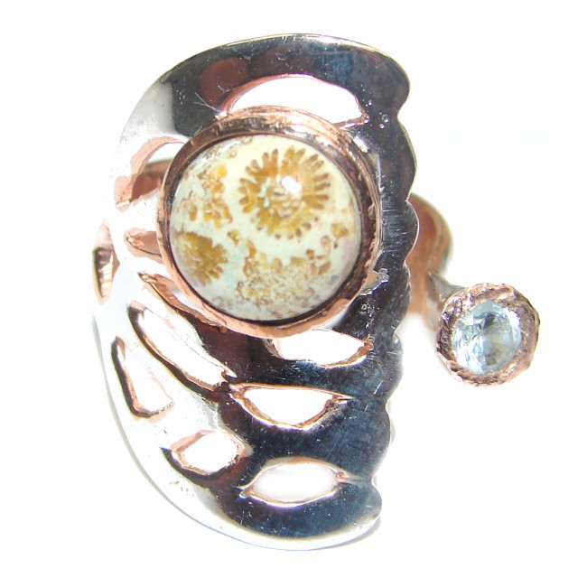 Natural Fossilized Coral .925 Sterling Silver handmade ring s. 6 adjustable