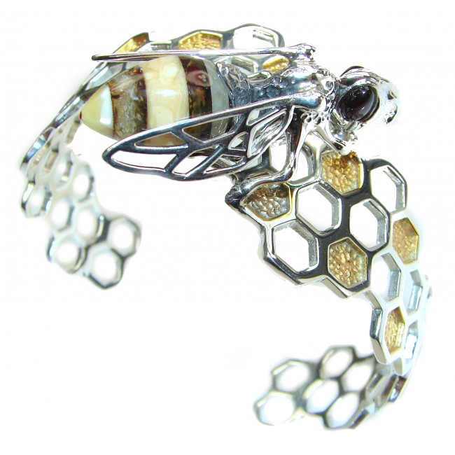 Real Master piece Honey Bee Polish Amber Two Tones .925 Sterling Silver HANDCRAFTED Bracelet / Cuff