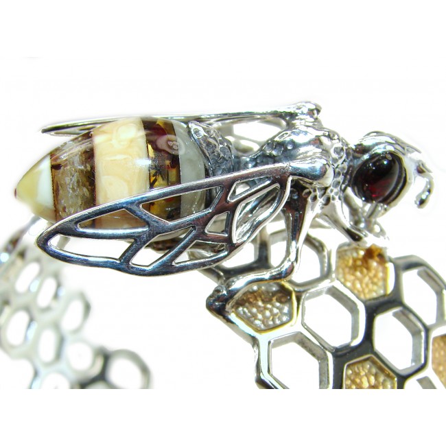 Real Master piece Honey Bee Polish Amber Two Tones .925 Sterling Silver HANDCRAFTED Bracelet / Cuff