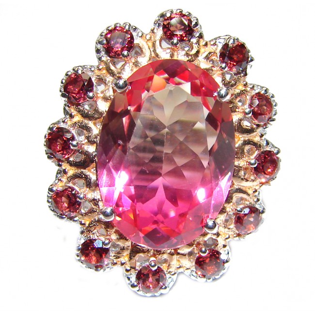 HUGE Top Quality Magic Volcanic Pink Topaz 18K Gold over .925 Sterling Silver handcrafted Ring s. 8