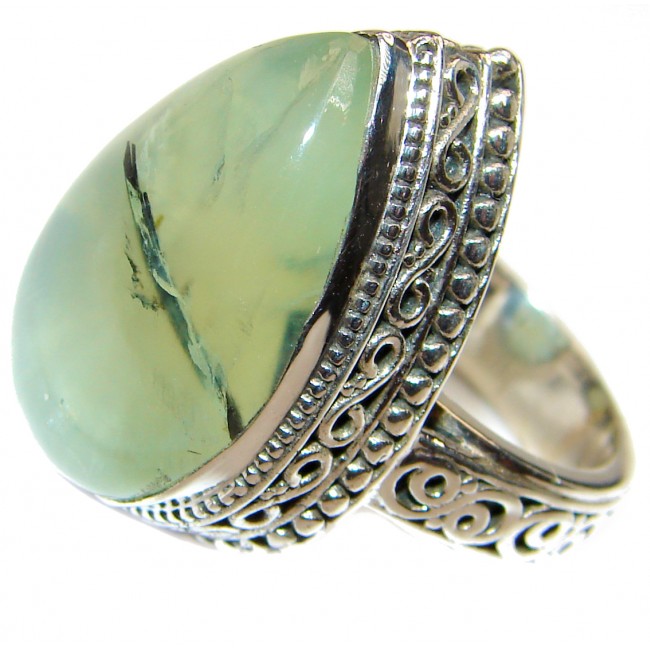 Chunky Natural Moss Prehnite .925 Sterling Silver handmade ring s. 7