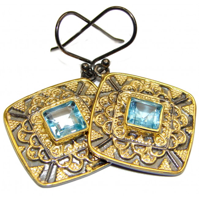 Rich Design Swiss Blue Topaz 18k Gold .925 Sterling Silver handcrafted earrings