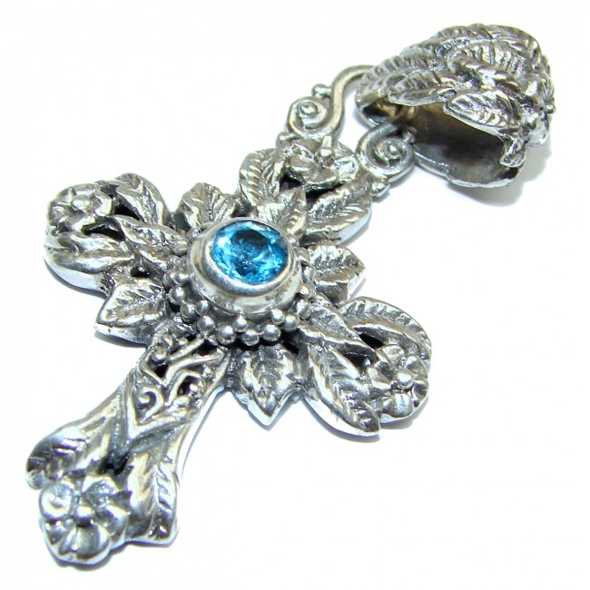 Holy Cross genuine Swiss Blue Topaz .925 Sterling Silver handmade pendant