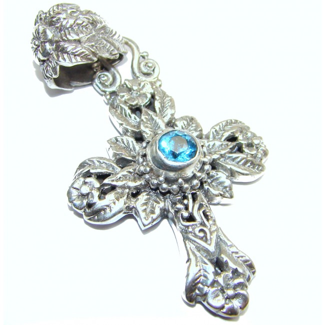 Holy Cross genuine Swiss Blue Topaz .925 Sterling Silver handmade pendant