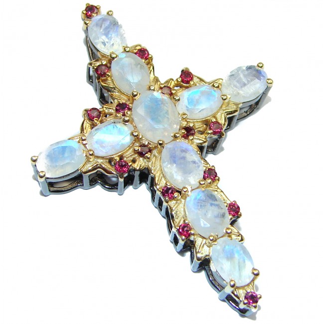 Victorian Style Holy Cross genuine Fire Moonstone .925 Sterling Silver handmade pendant