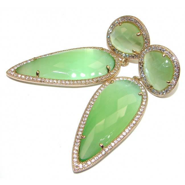 Large Very Unique Green Cats Eye 14K Gold over .925 Sterling Silver earrings