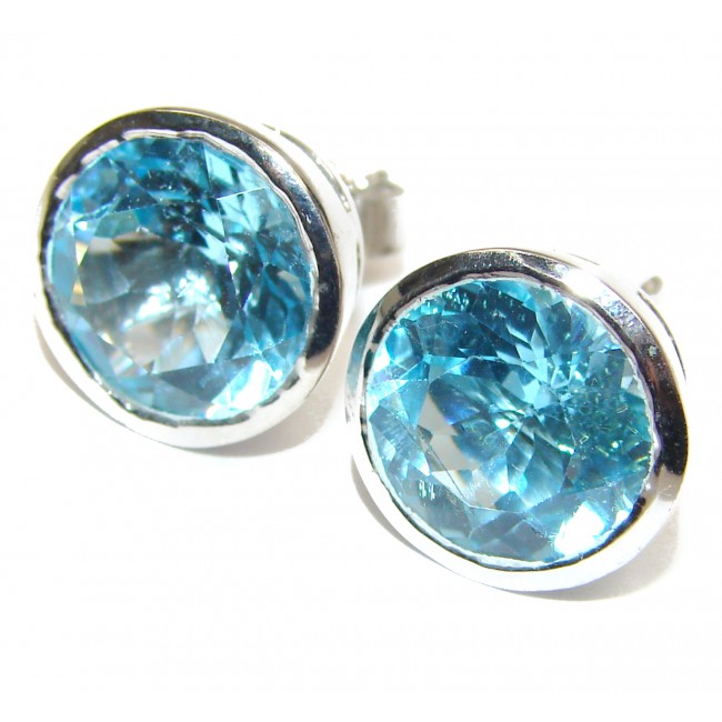 Huge Deluxe genuine Swiss Blue Topaz 13 mm .925 Sterling Silver stud earrings