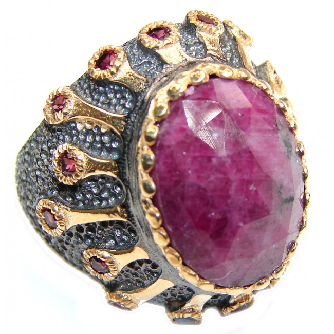 Large genuine Ruby 18K Gold over .925 Sterling Silver Statement Italy made ring; s. 8