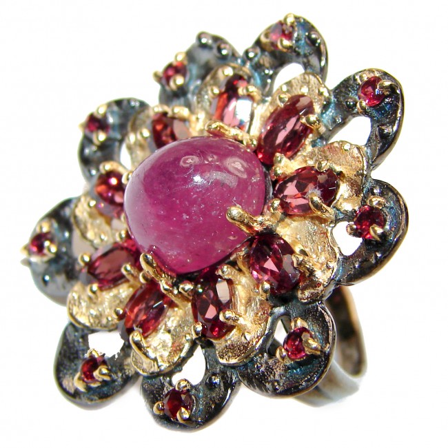 Large genuine Ruby 24K Gold over .925 Sterling Silver Statement Italy made ring; s. 6
