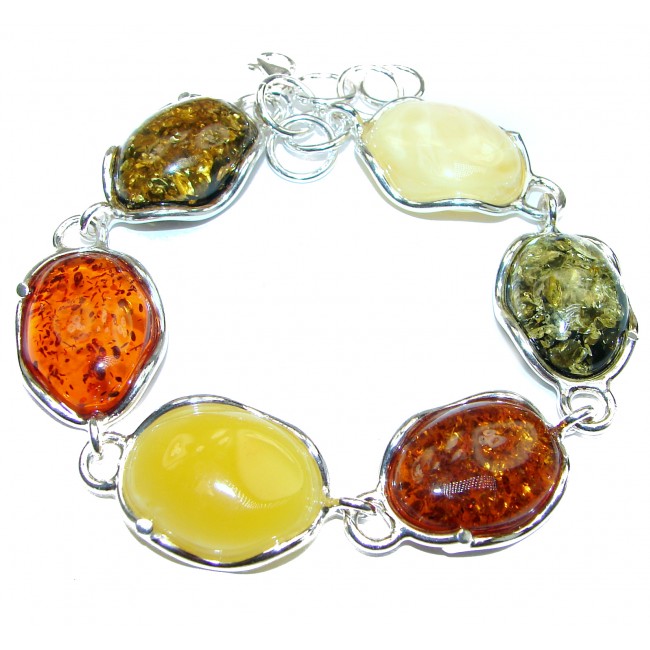 Large Beautiful multicolor Baltic Polish Amber .925 Sterling Silver handcrafted Bracelet