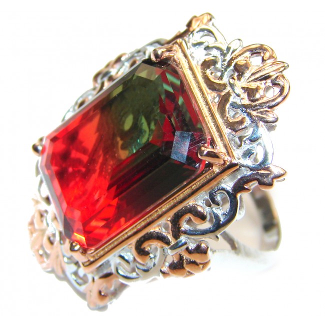 HUGE Emerald cut Watermelon Tourmaline color Topaz 18 K Gold over .925 Sterling Silver handcrafted Ring s. 7 1/2