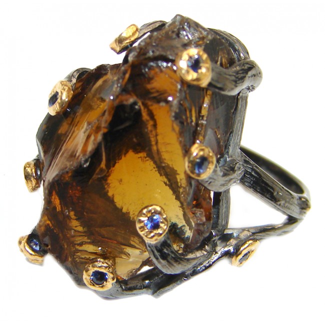 Large Authentic Smoky Topaz 18K Gold over .925 Sterling Silver handcrafted ring; s. 7 3/4