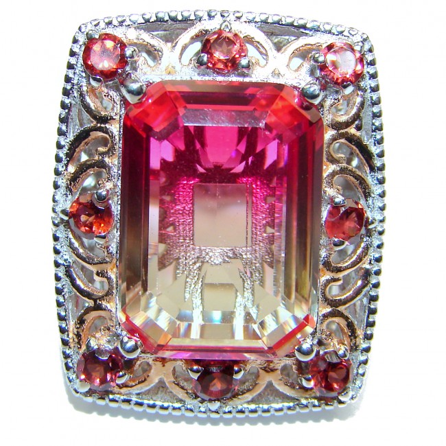 HUGE Emerald cut Pink Topaz 18K Gold over .925 Sterling Silver handcrafted Ring s. 7 3/4