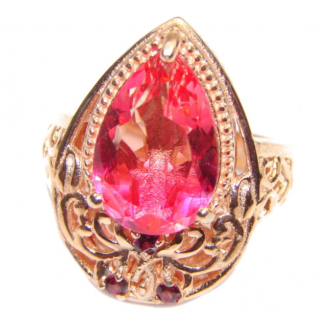 HUGE pear cut Pink Tourmaline 18K Gold over .925 Sterling Silver handcrafted Ring s. 6 3/4