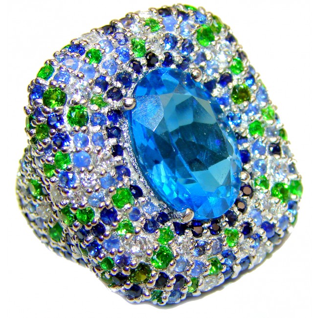 Spectacular Genuine 25ctw Swiss Blue Topaz .925 Sterling Silver handcrafted Statement Ring size 6
