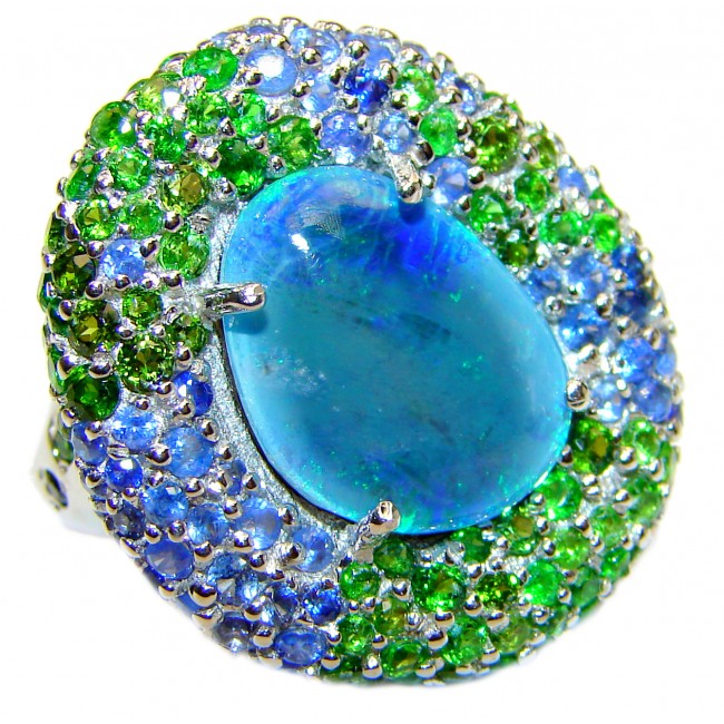 Australian Doublet Opal Tsavorite Garnet .925 Sterling Silver handcrafted Statement ring size 6 1/2