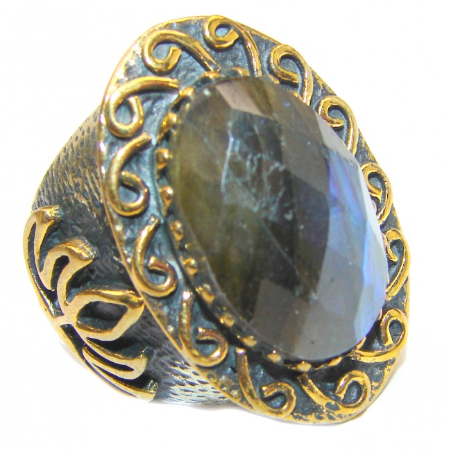 Fire Labradorite 18K Gold over .925 Sterling Silver Bali handmade ring size 8