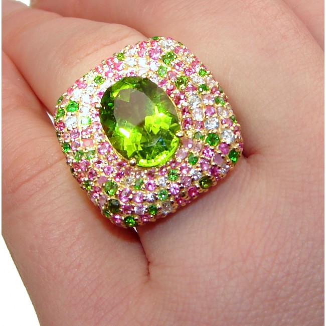 Spectacular Genuine 25ctw Peridot Tourmaline 24K Gold over .925 Sterling Silver handcrafted Statement Ring size 8