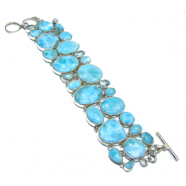 Luxury Genuine Larimar Swiss Blue Topaz .925 Sterling Silver handmade Bracelet