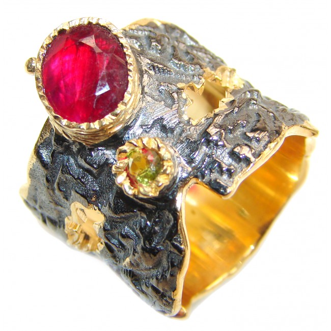 Large genuine Ruby 18K Gold over .925 Sterling Silver Statement Italy made ring; s. 6 1/2