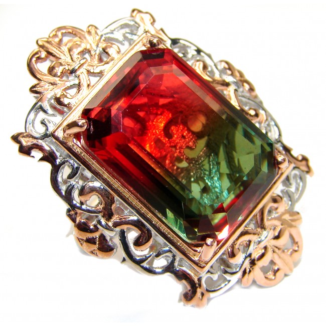 HUGE Emerald cut Watermelon Tourmaline color Topaz 18 K Gold over .925 Sterling Silver handcrafted Ring s. 6 1/2