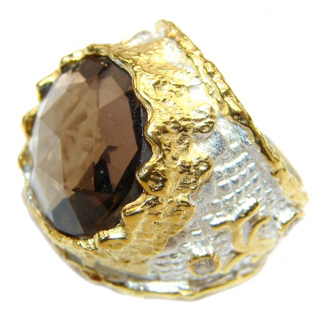 Very Bold Champagne Smoky Topaz 14K Gold over .925 Sterling Silver Ring size 6