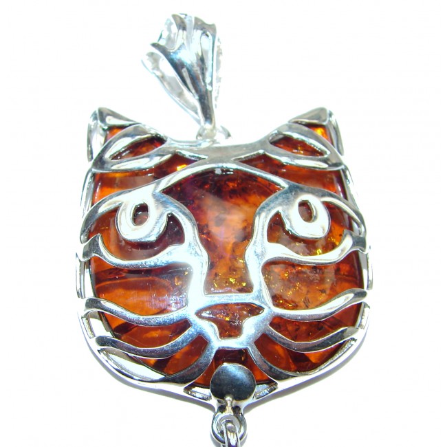 Big CAT Natural Baltic Amber .925 Sterling Silver handmade Pendant